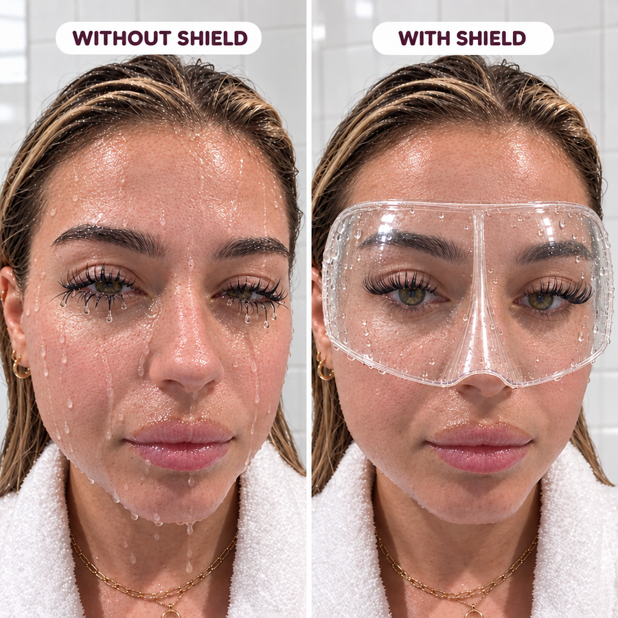 Lash extensions after a shower: soaked and clumped without the shield vs dry and fluffy with the shield
