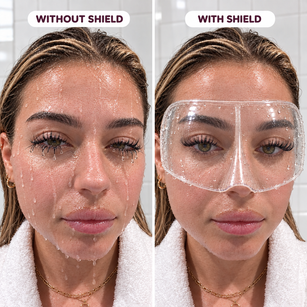 Lash extensions after a shower: soaked and clumped without the shield vs dry and fluffy with the shield