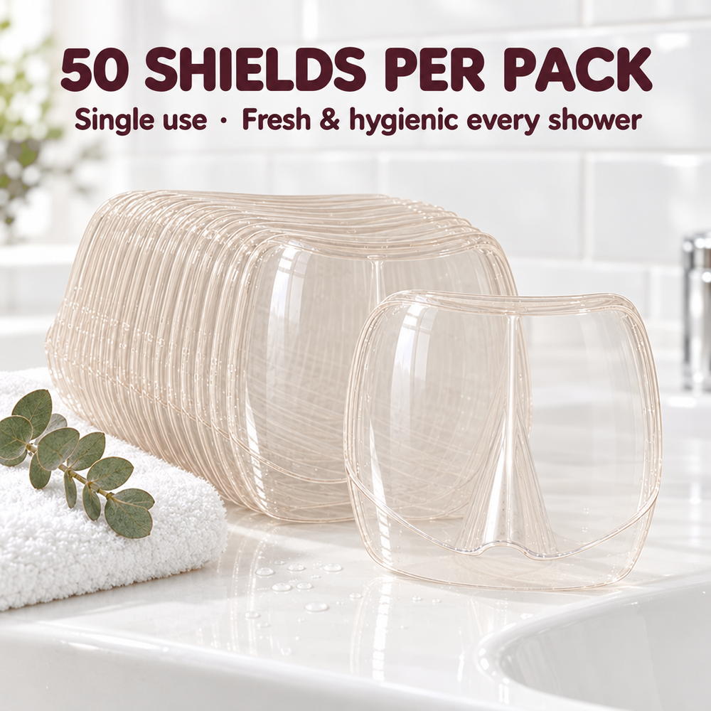 50 single-use Lash Shower Shields per pack, displayed on a bathroom sink