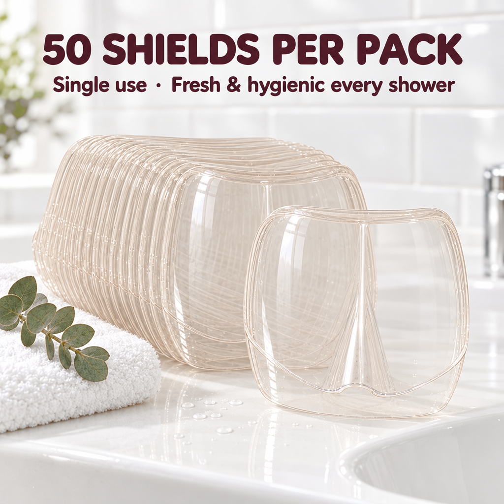 50 single-use Lash Shower Shields per pack, displayed on a bathroom sink