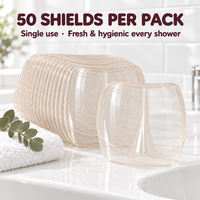 50 single-use Lash Shower Shields per pack, displayed on a bathroom sink