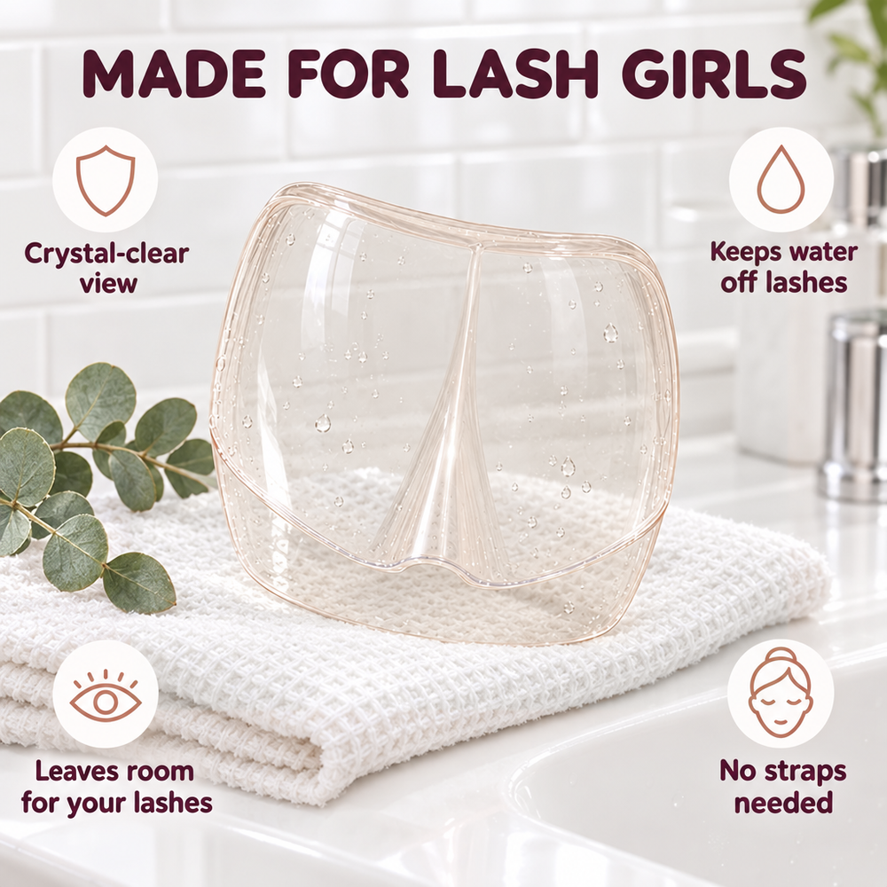 Lash Shower Shield benefits: crystal-clear view, keeps water off lashes, leaves room for your lashes, no straps needed