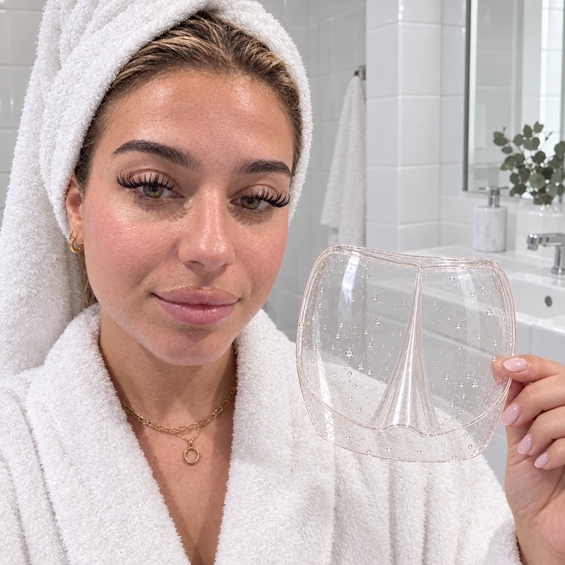 Smiling woman after the shower holding a crystal-clear Lash Shower Shield